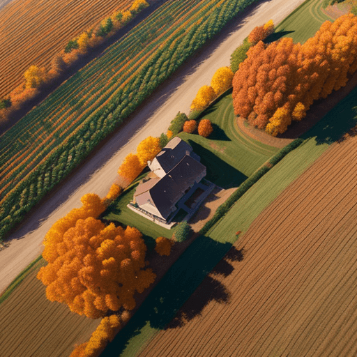 AI generated: Top-down image of vineyards in autumn with colorful leaves, captured by a DJI Mini 2 SE drone, sunse...