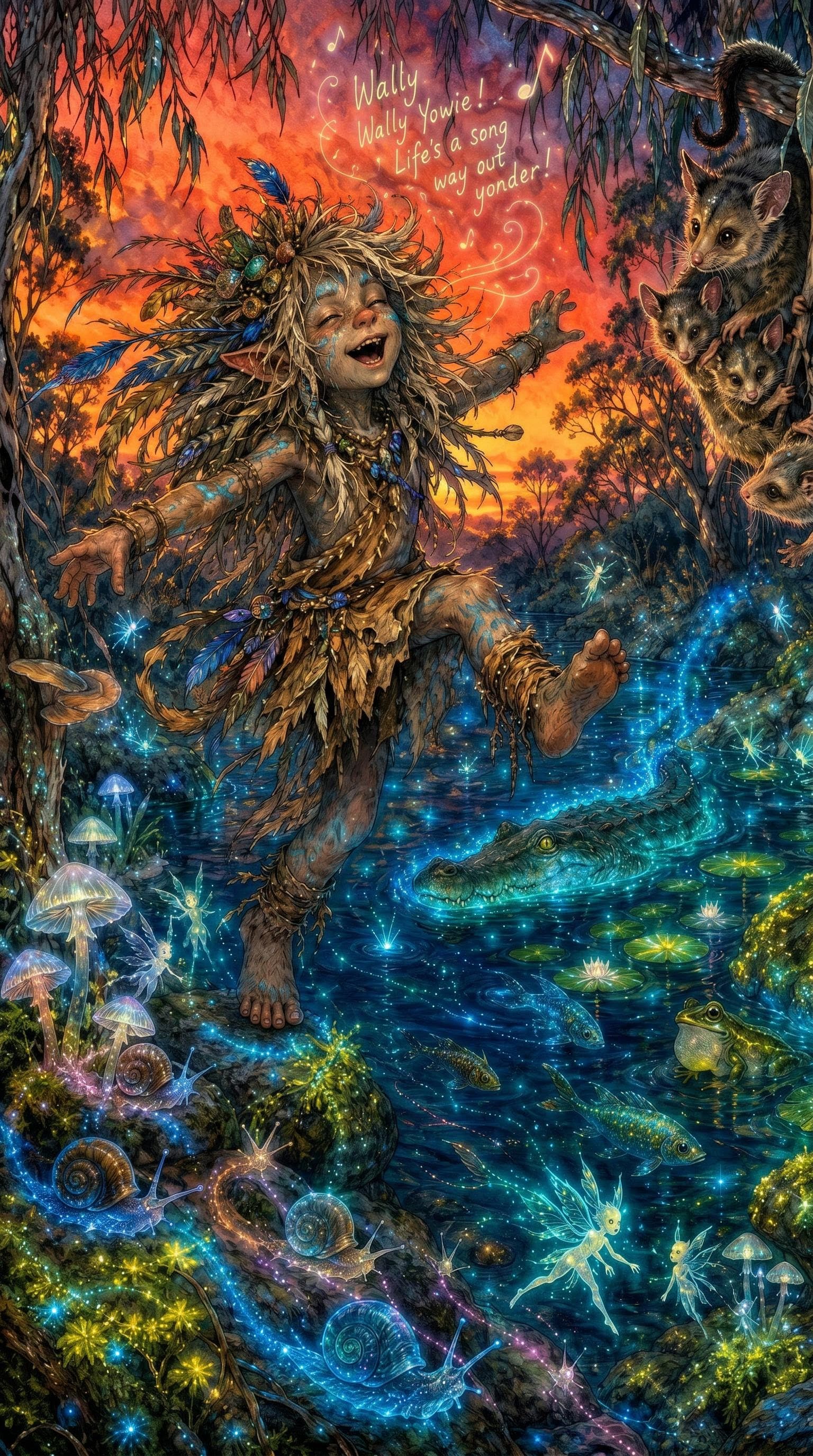 AI generated: In a surreal, whimsical world where Aussiecore DreamtimeFunk meets WyldeFey elemental aesthetics, a ...