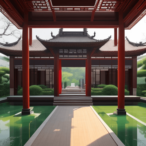 AI generated: Tall and gorgeous Chinese villa: Standing in a garden in China, gorgeous shape, wooden material, the...