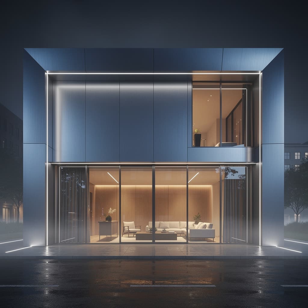 AI generated: Ultra-modern architectural exterior at night featuring a steel-blue façade with brushed metal accent...