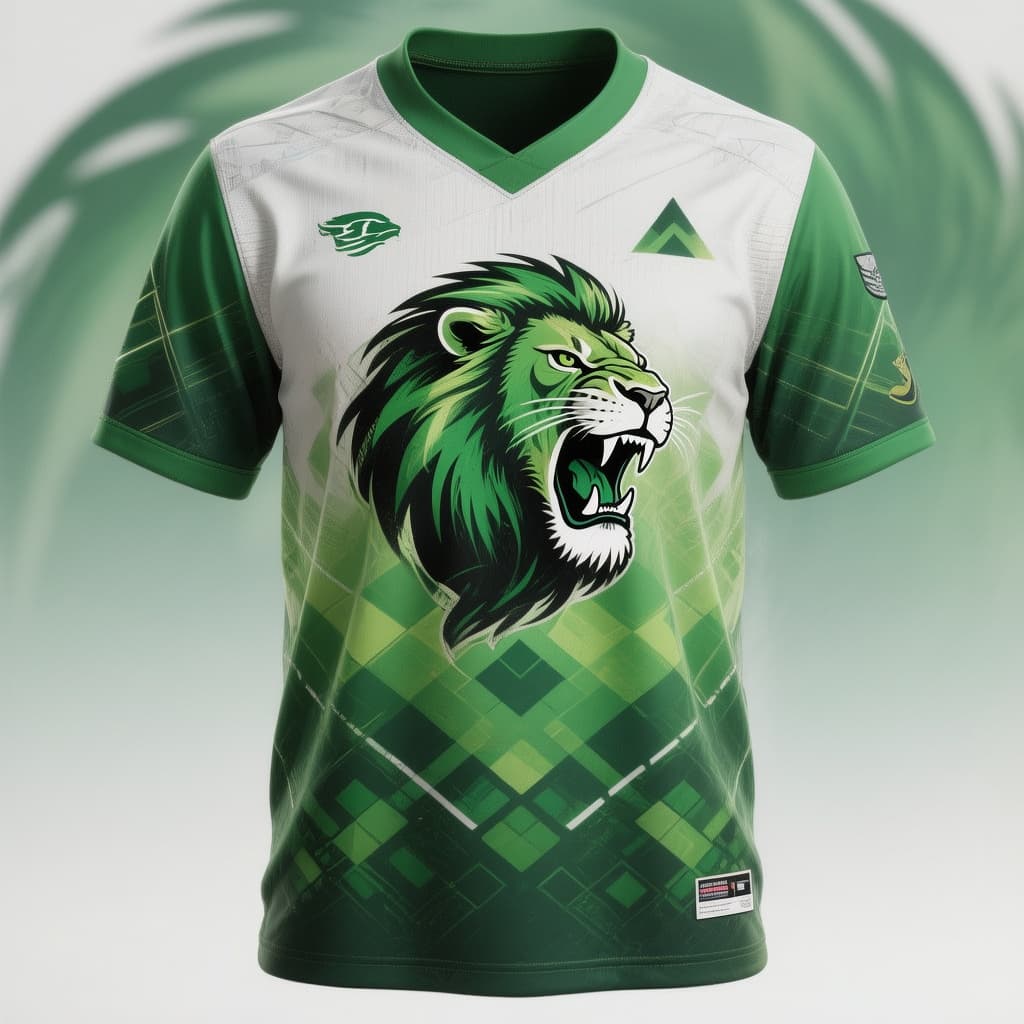 AI generated: 

back and front mock up t-shirt with green  themed geometric  shapes gradient style football styl...