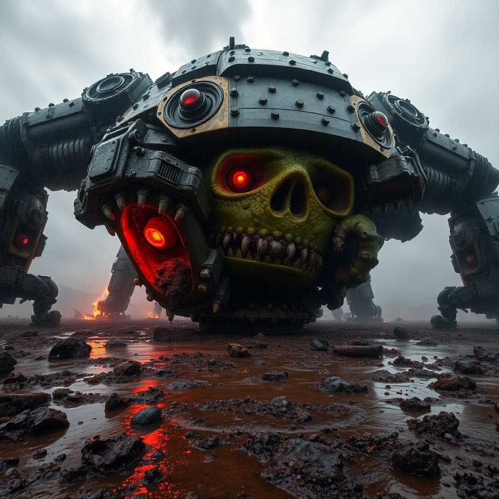 AI generated: [Dutch Angle Wide-FOV](Mechanical Leviathan:1.9)
Massive amphibious juggernaut looms large on rain-s...