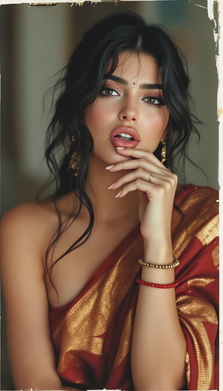 AI generated: Kylie Jenner, biting her lip, Indian hair style, saree, inhaled chest,wide open eyes, A plus curvy s...