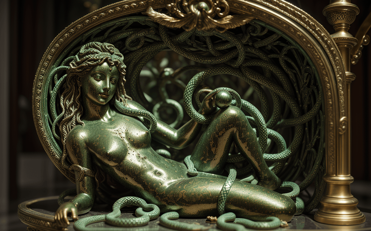 AI generated: one,barocco,interior statue andromeda,entangled in snakes ,hair snakes,decorative bronze,(green pati...