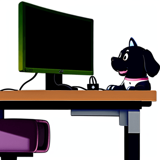 AI generated: cute chubbby cartoon dog playing a video game on a computer while sitting at the computer desk of co...