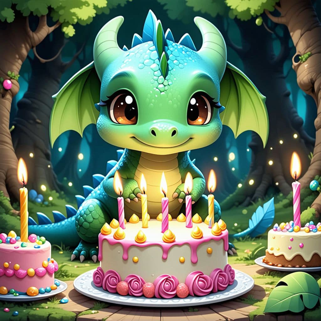 AI generated: Cartoonish cute baby dragon blowing candles of a birthday cake in an enchanted forest 