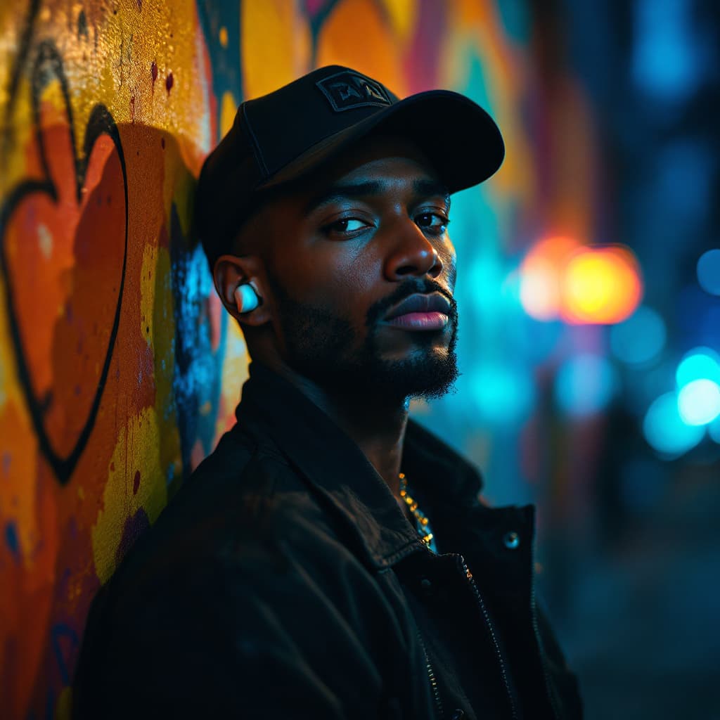 AI generated: Cinematic portrait of a confident man wearing a black baseball cap and a stylish urban jacket, with ...