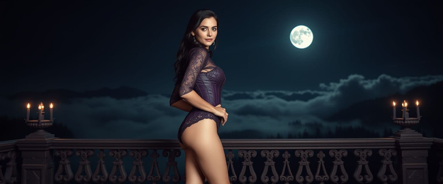 AI generated: "A cinematic full-body portrait of Alina Dreymore, a mysterious noblewoman in her early thirties, st...