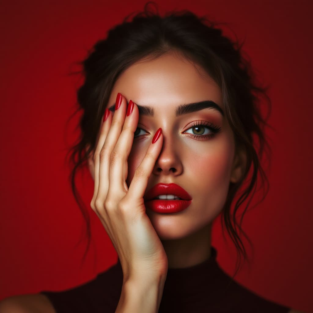 AI generated: image of a woman with a thoughtful expression, covering half of her face with her hand, pure red bac...