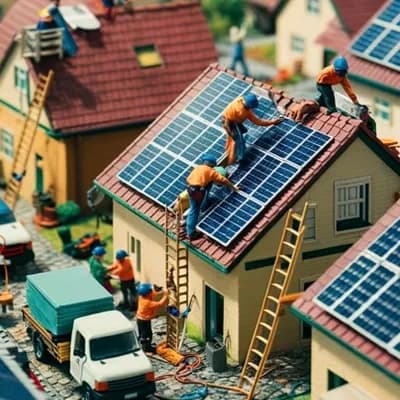 AI generated video:  A lively suburban neighborhood filled with colorful houses, each equipped with solar panels. Focus ...