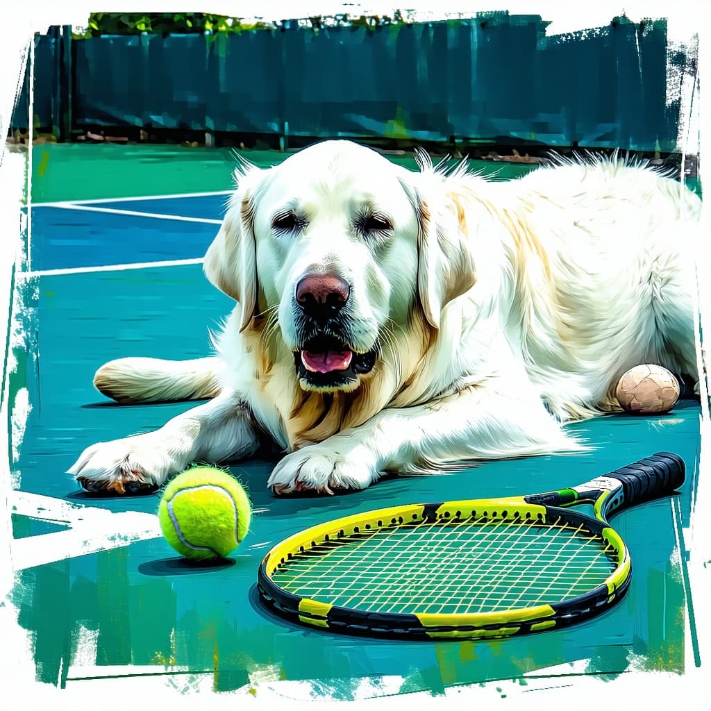 AI generated: white long-haired labrador lying down, holding a tennis ball in its mouth, a tennis racket casually ...