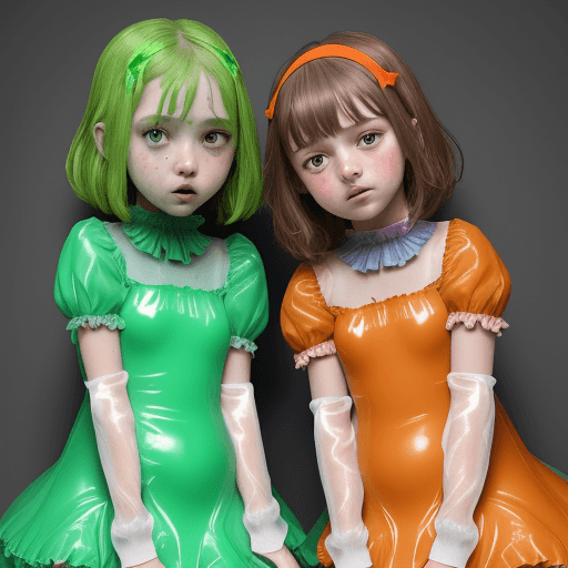 AI generated: 2girl 9 years old have sex, ((loli, flat brests)), orange and green blue soaked ((separate dress)) w...