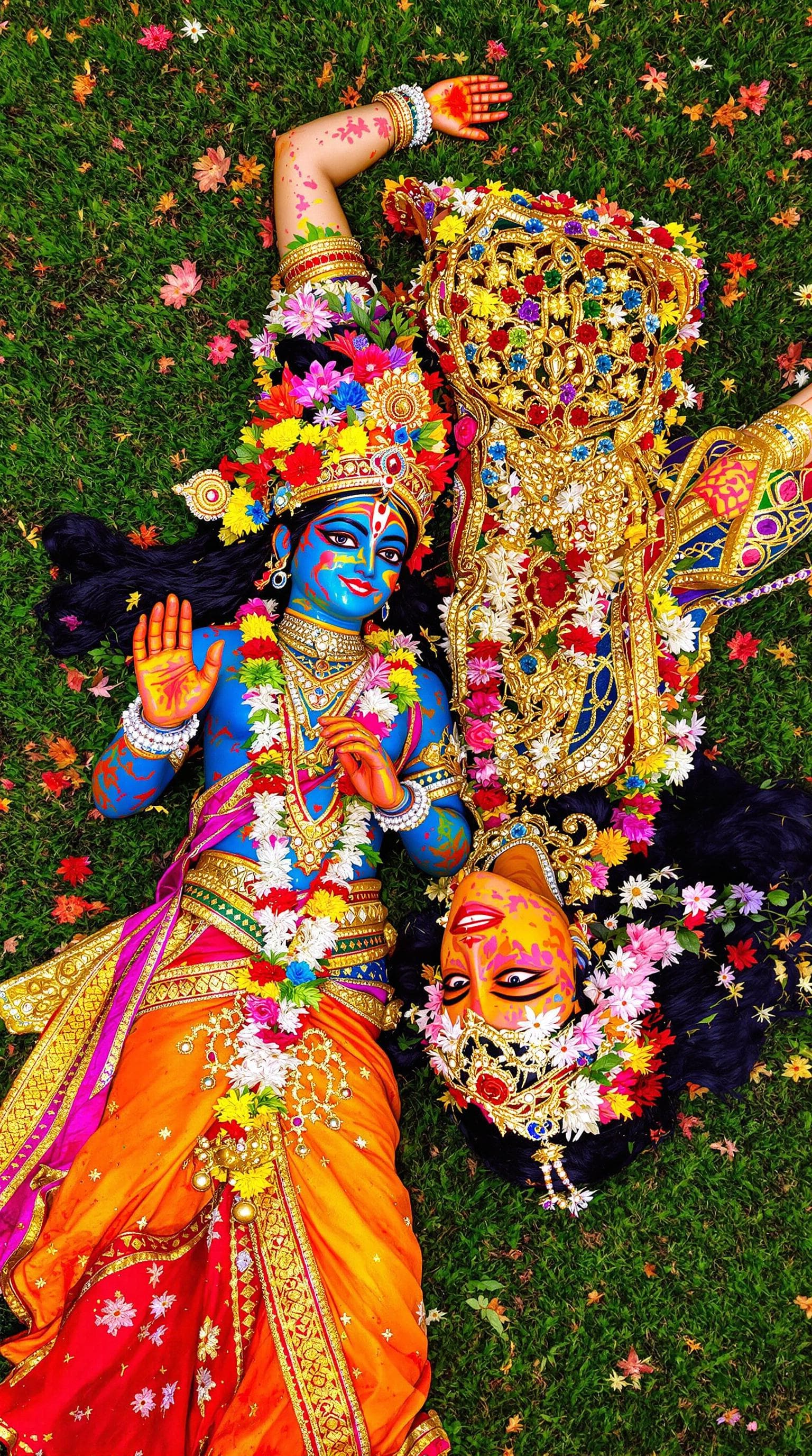 AI generated: Lord Krishna and Radha lying on the green grass after playing Holi, top angle, 8k, ultra realistic