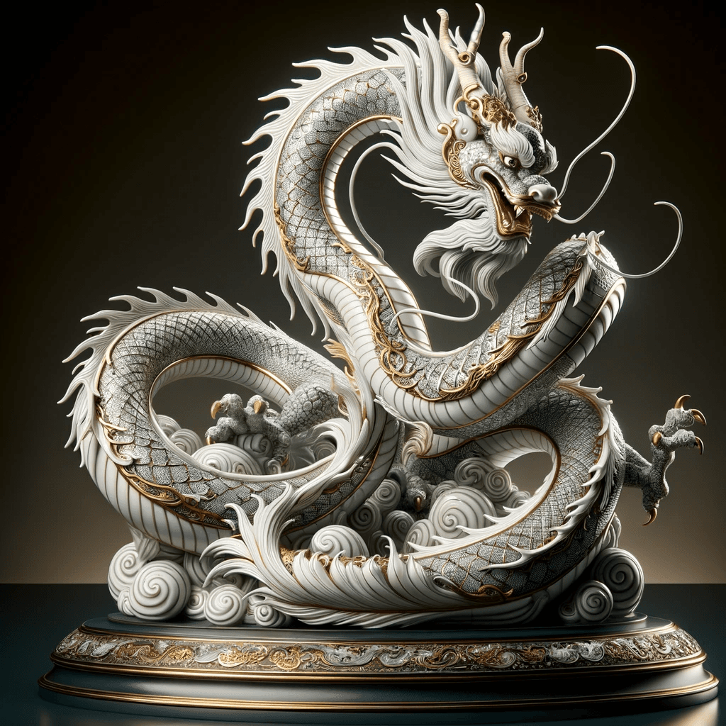 AI generated: Create a visually stunning image featuring a porcelain Chinese dragon, intricately detailed with lin...