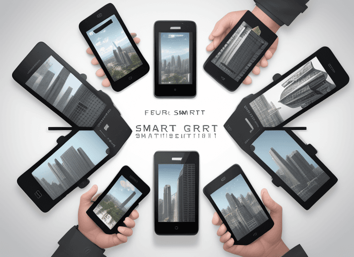 AI generated: Four different smart phones arranged in a grid, each same size with 3 cameras, high-touch style,  el...
