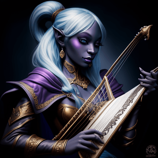 AI generated: Dungeons and Dragons 5e Half-Drow Bard, College of Glamour, chaotic neutral, airbrushed fantasy artw...