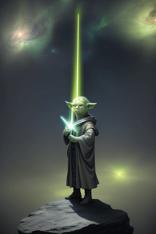 AI generated: Photo, background, YODA in cosmos, 4k, light sword, contemporary building 