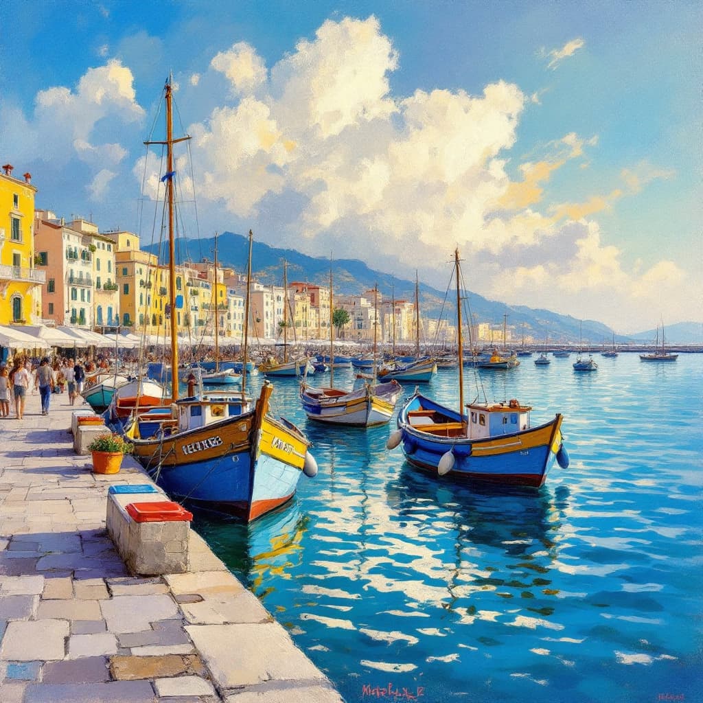 AI generated: Naples port, blue fishing boats a city scene, in the style of the snapshot aesthetic, claude monet, ...