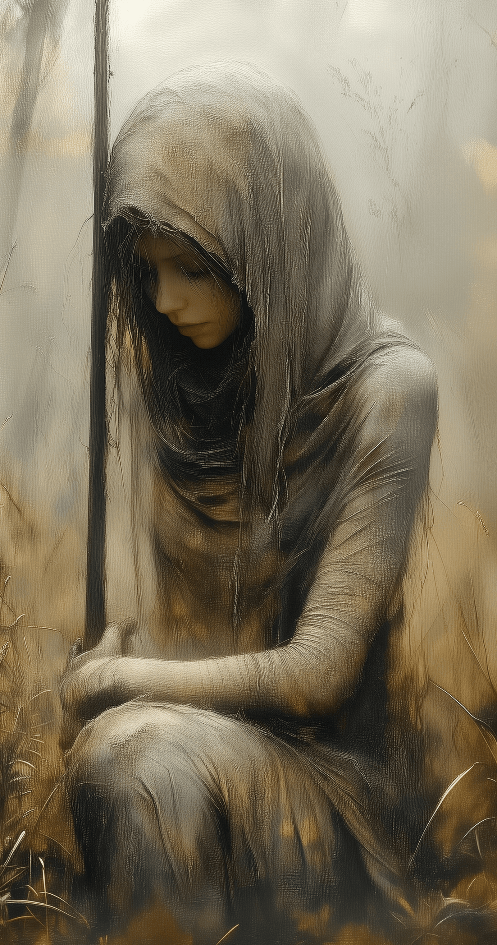 AI generated: Oil painting of a female figure sitting in a grassy field, wearing a torn grey hooded cloak, with a ...