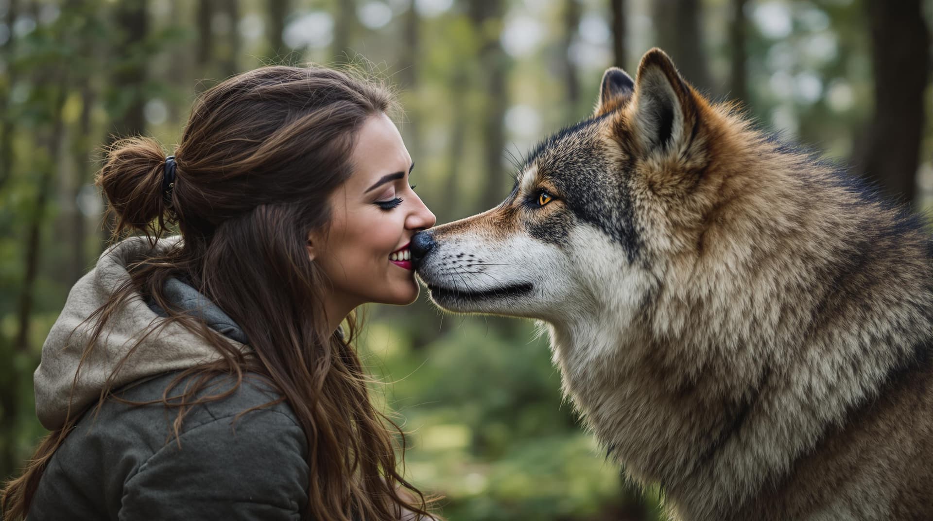 AI generated: a woman in forest kiss a wolf and smile

