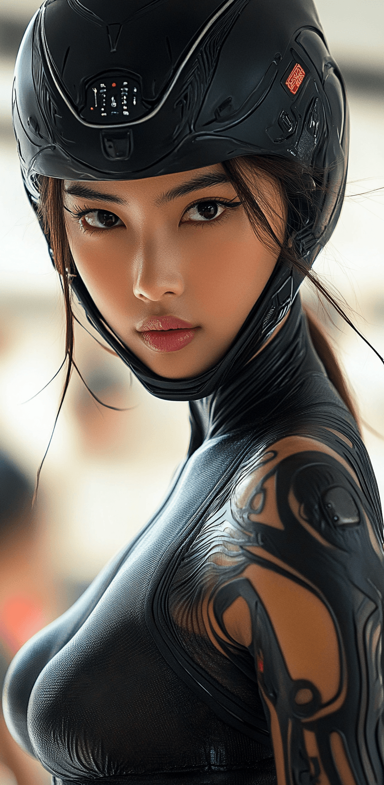 AI generated: Close-up shot of a woman wearing a black latex outfit and full-face helmet, standing in a white mini...
