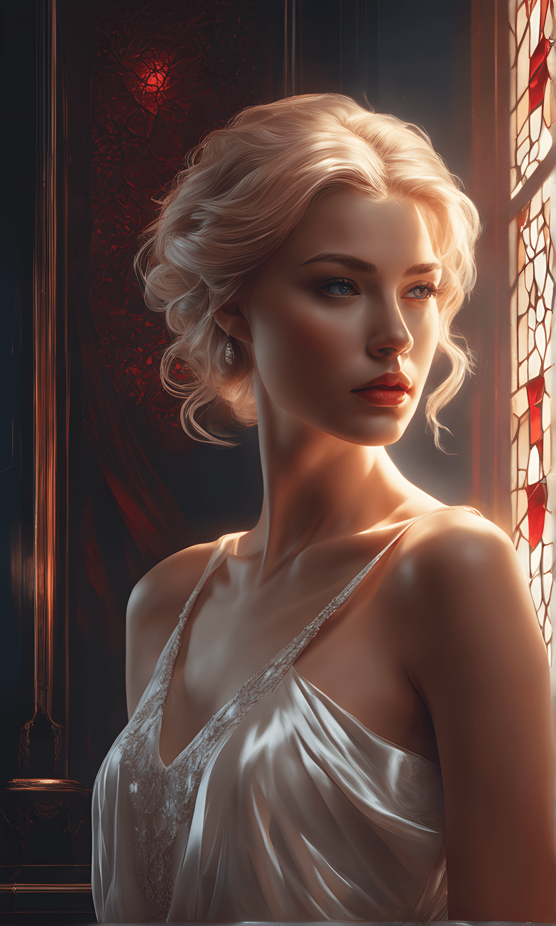 AI generated: Beautiful girl with short blond hair, wearing white plain gown without head piece, without jewelry, ...
