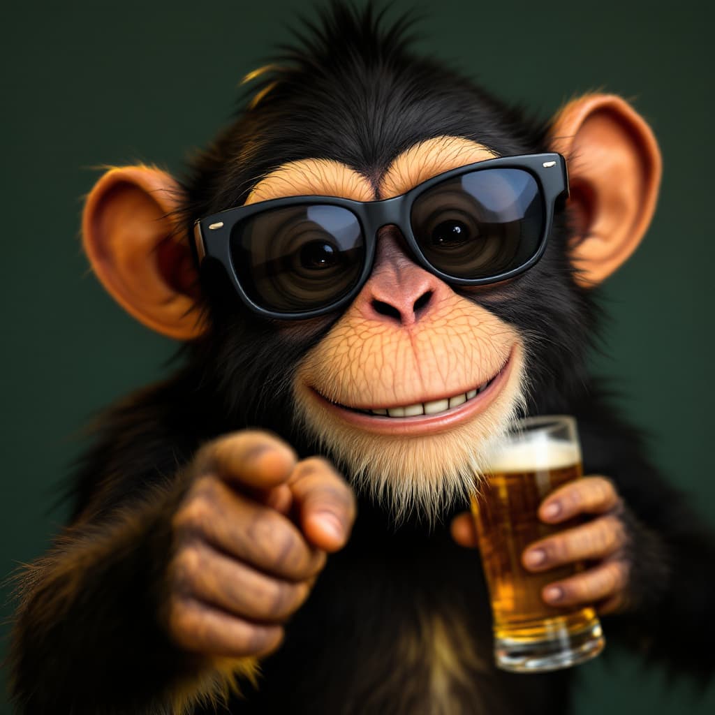 AI generated: A smiley monkey with dark glasses and a beer in hand pointing towards the camera.