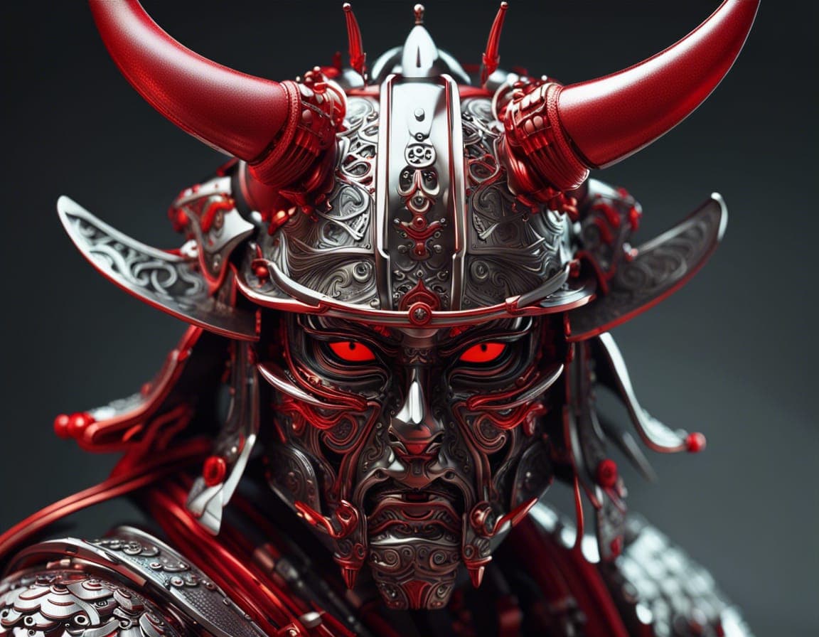 AI generated: japanese samurai portrait, helmet with horns, intricately sculpted, realistic hyper-detailed, machin...