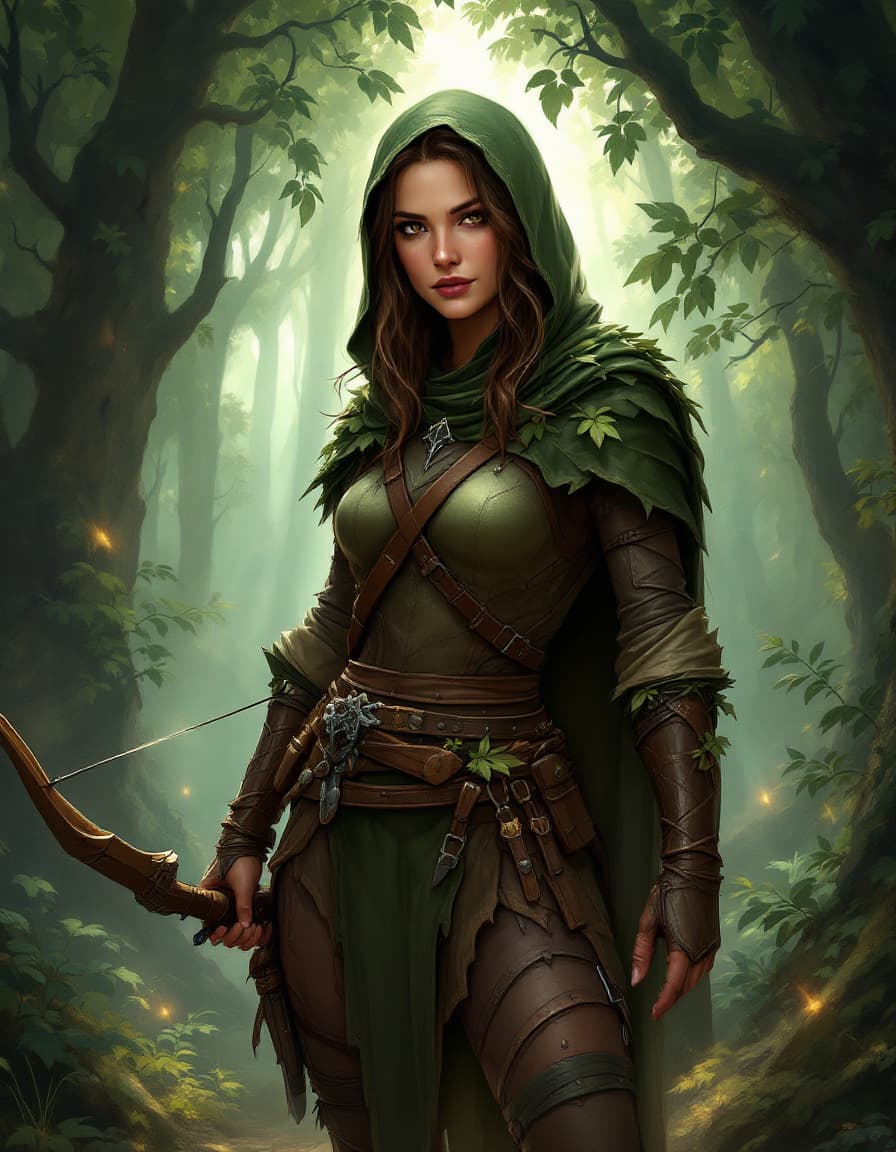AI generated: "Create a concept art for Lyra, the Huntress, a swift and agile rogue specializing in ambush tactics...