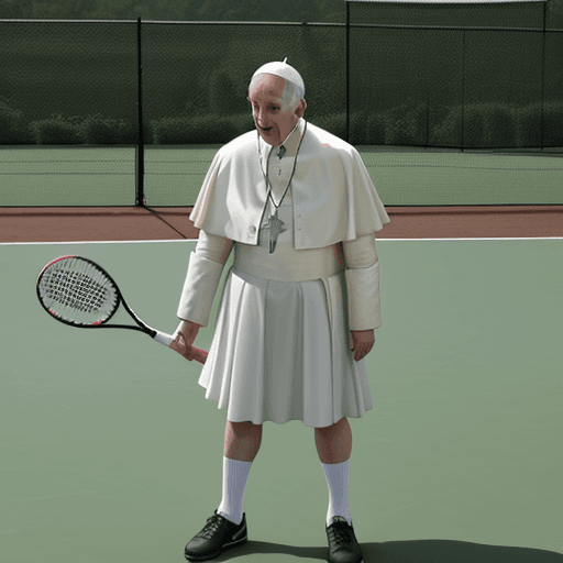 AI generated: Pope Francis playing Tennis wearing a skirt, standing on a tenniscourt