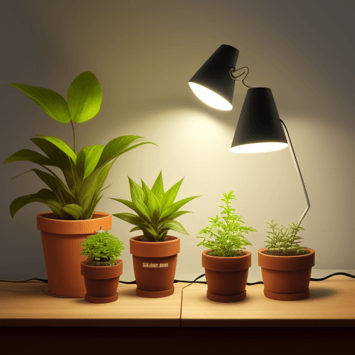 AI generated: nature morte avec trois plantes en pot, petite lampe, lumière tamisée