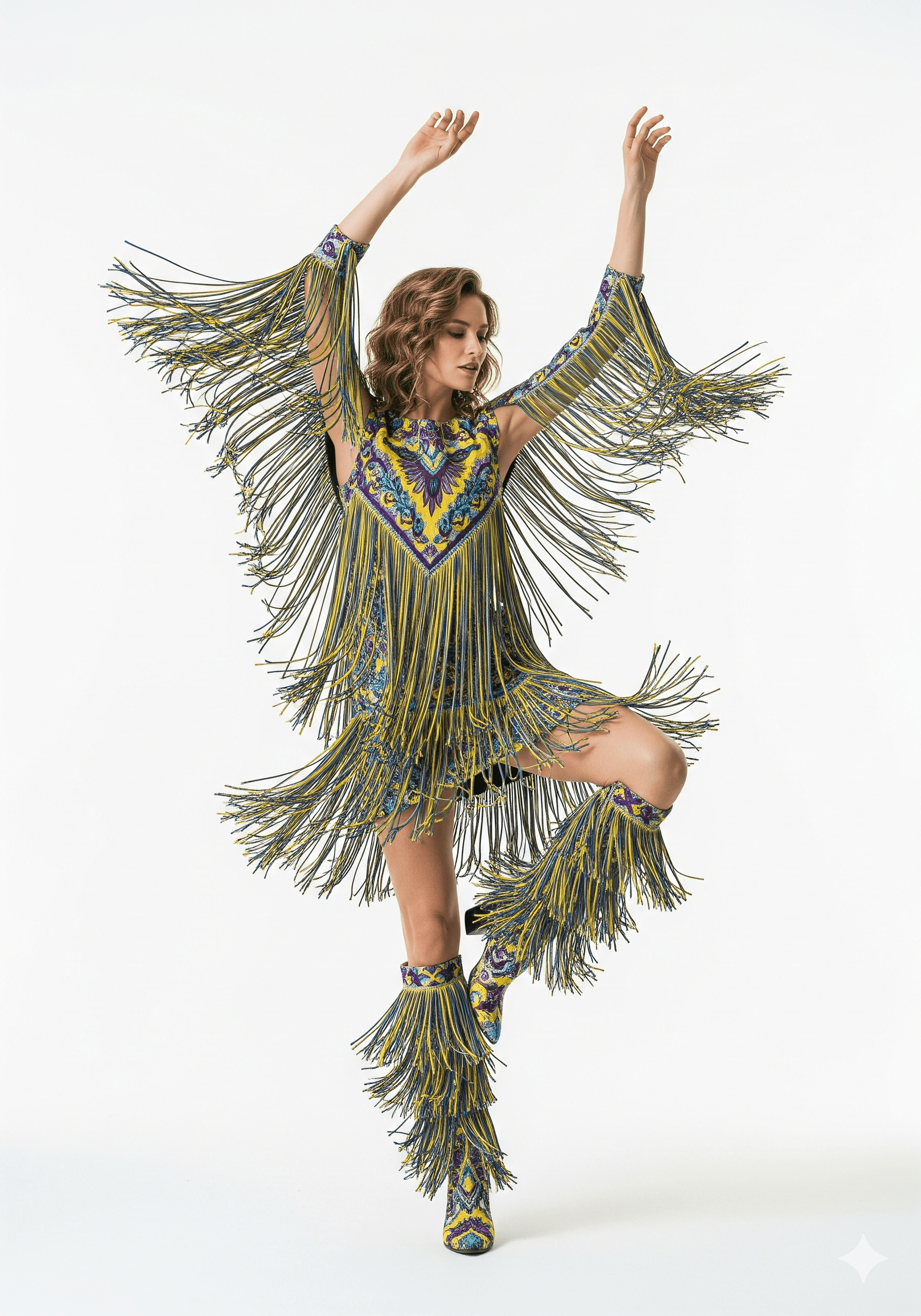 AI generated: A full body shot of a slender woman with wavy blonde hair, dancing playfully against a clean white b...