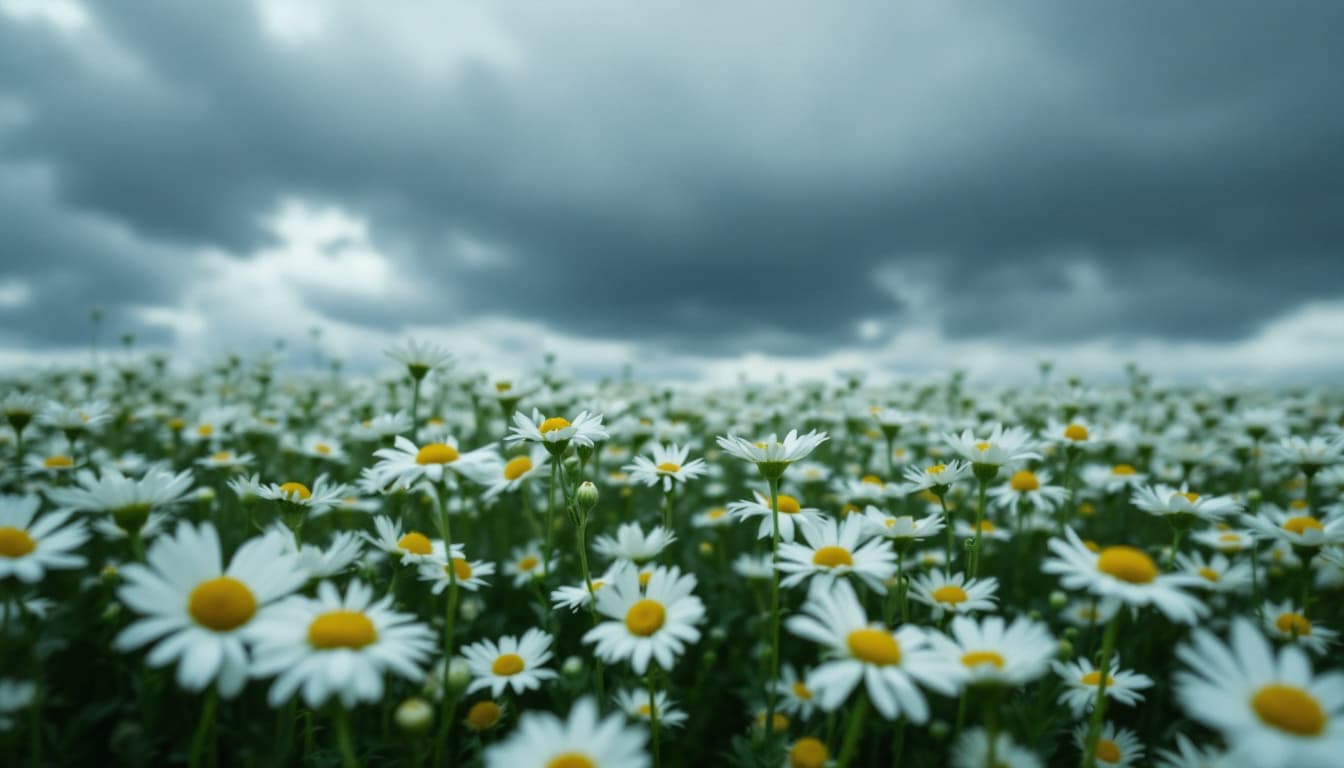 AI generated:  field of daisy flowers, he soft petals of daisies surround, creating a contrast with the darkened s...