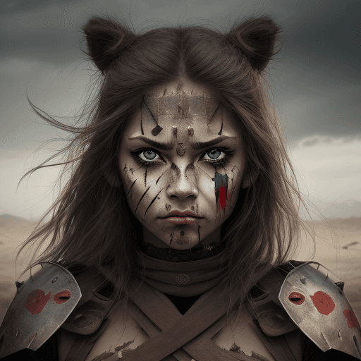 AI generated: The face of a fierce warrior woman, battle scars adorning her face like badges of honor. Despite her...