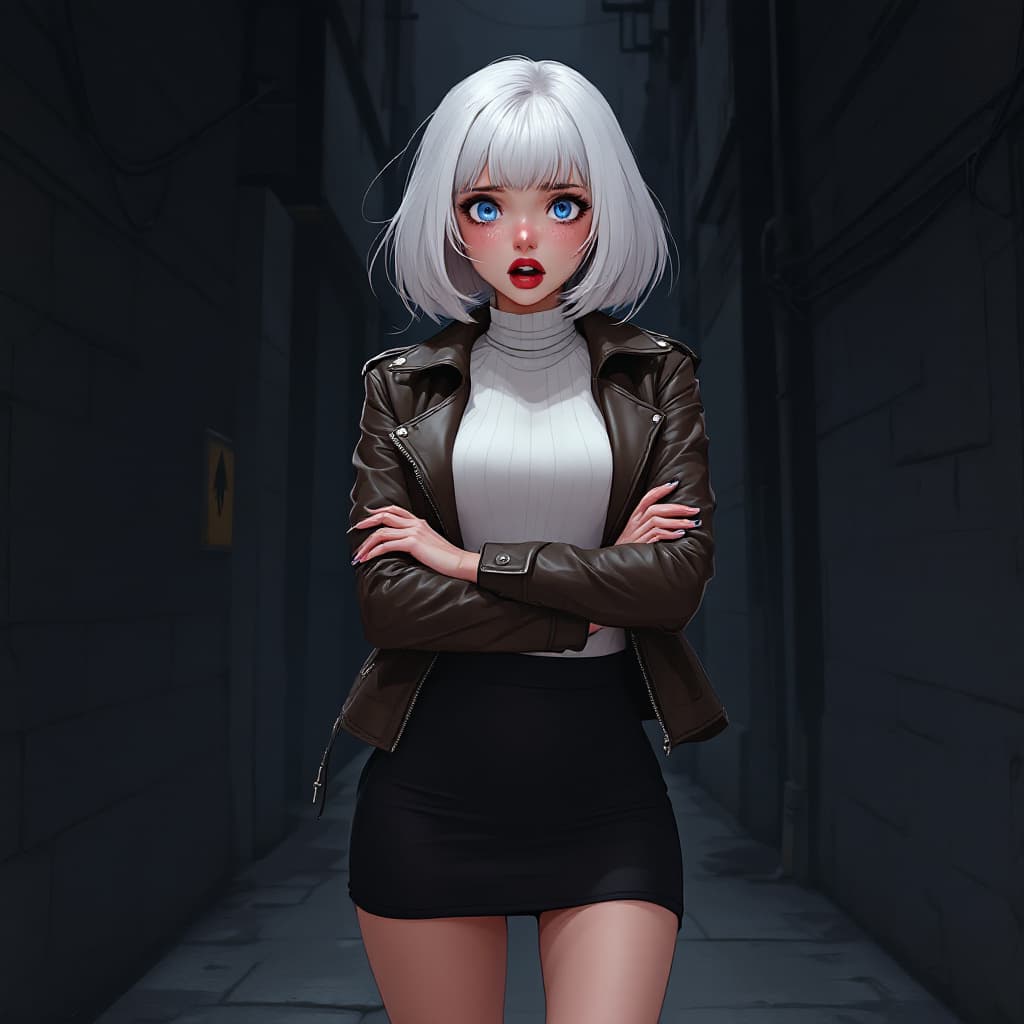 AI generated: anime, woman, white hair, bob cut, blue eyes, freckles, red lips, white turtle neck sweater, tight t...