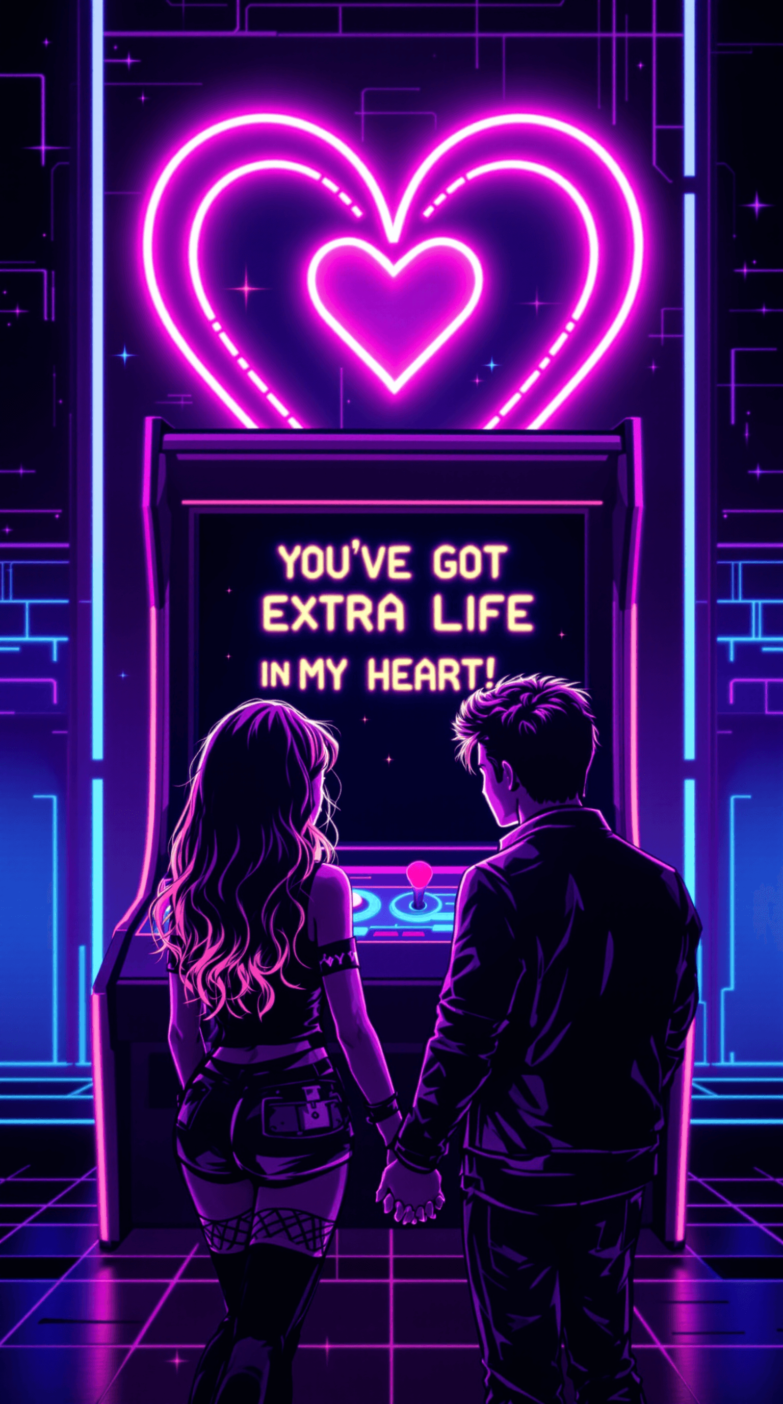AI generated: A neon-soaked 1980s Valentine’s Day card with a retro-futuristic arcade aesthetic. A glowing pixel-a...