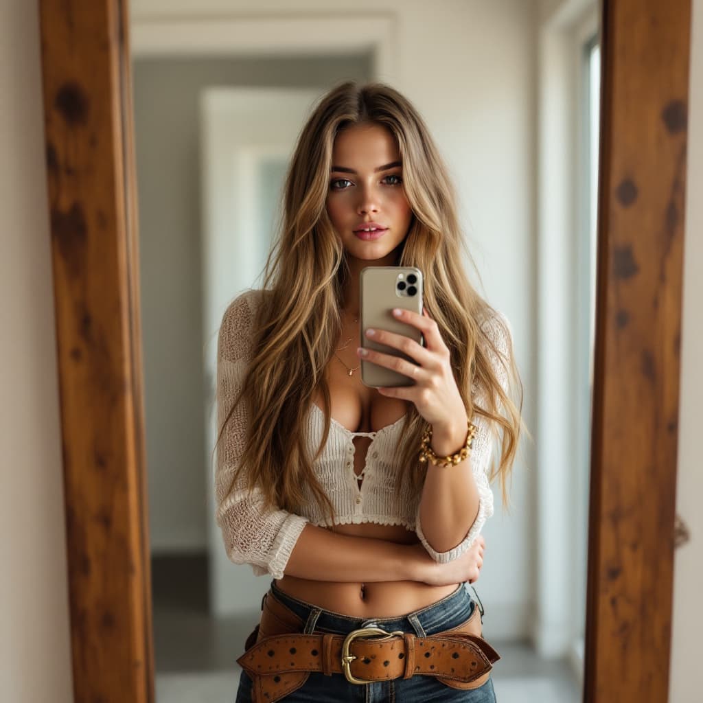 AI generated: the lovely blonde girl takes a photo with her phone of herself in the mirror, she has 16 years old, ...