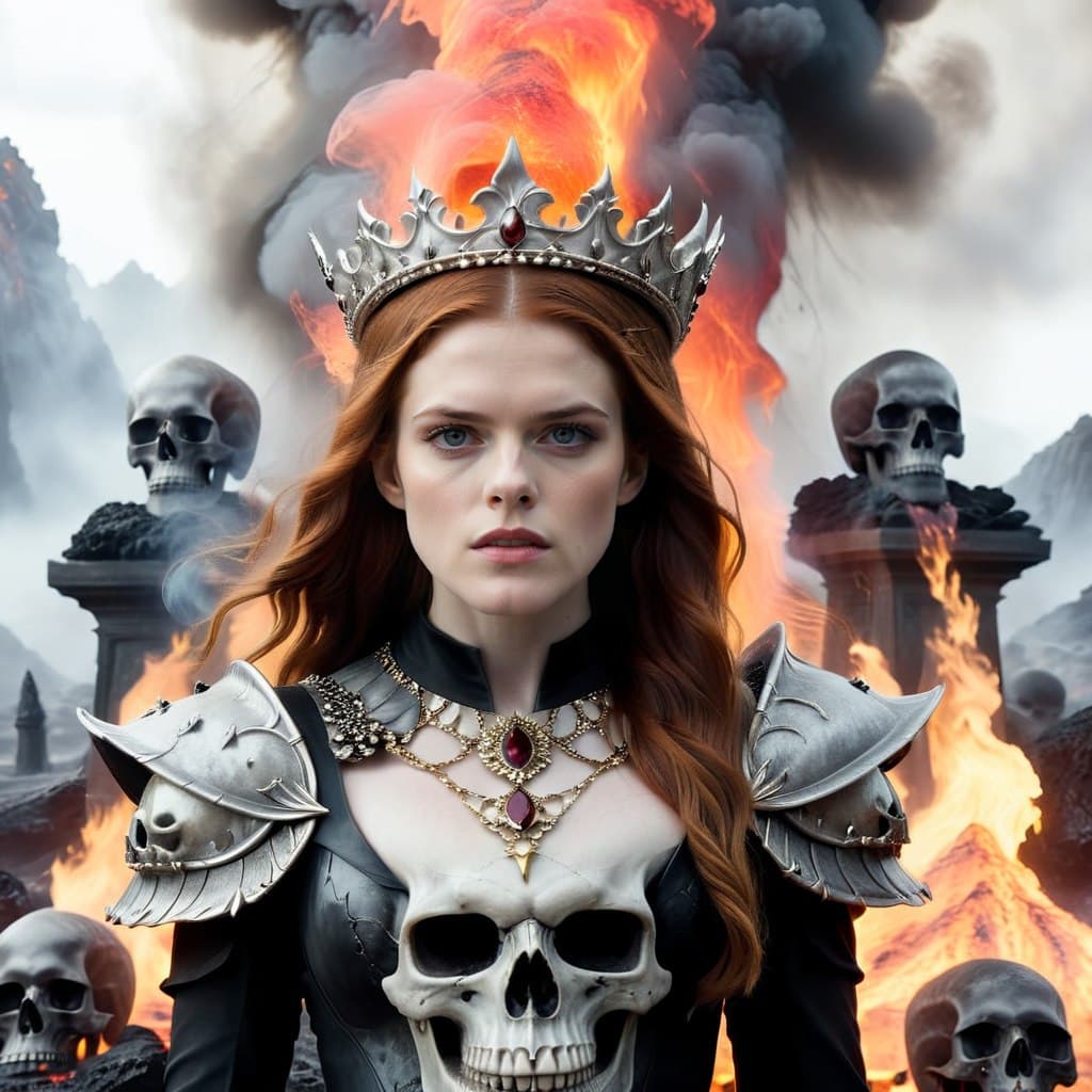 AI generated: Actress Rose Leslie as a dark evil beautiful queen emerging from hell with skulls, lava and smoke el...