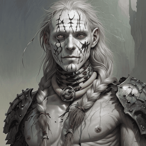 AI generated: one eyed Caucasian man with grey skin, covered in scars, scarring, wearing bones as armor, a singles...