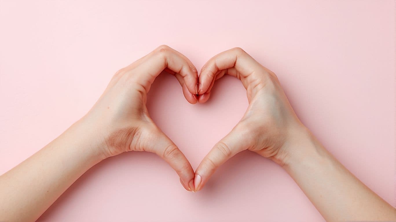 AI generated: Heart shape made with hands, soft pink background, skin tones, gentle gesture, love symbol, minimali...