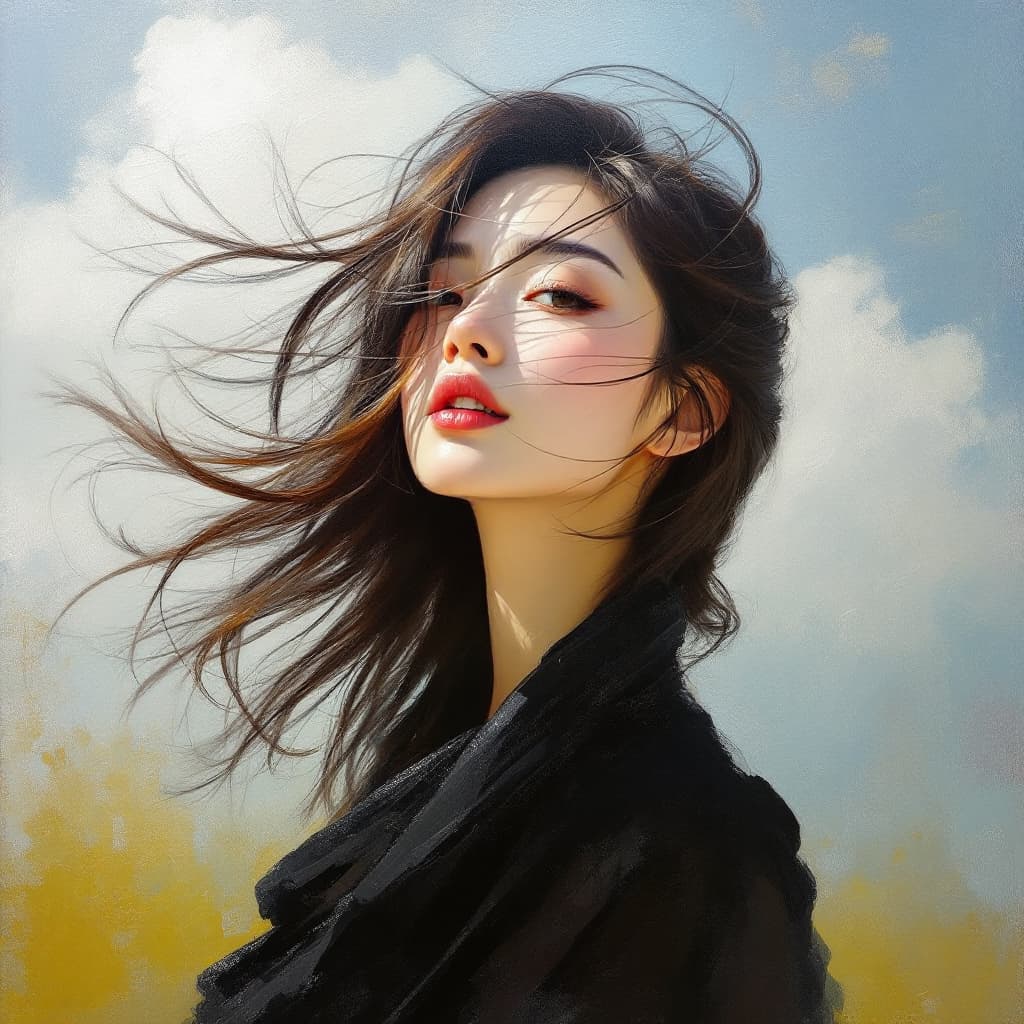 AI generated: a stunning Japanese oil painting on canvas of a beautiful Asian woman with her hair blowing in the w...