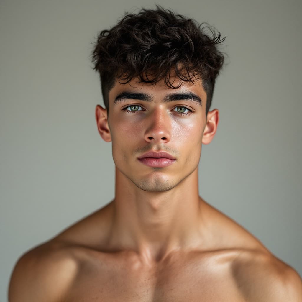 AI generated: photo du corps entier d'un jeune homme de 19 ans avec les cheveux rasés noirs, il a les yeux verts. ...