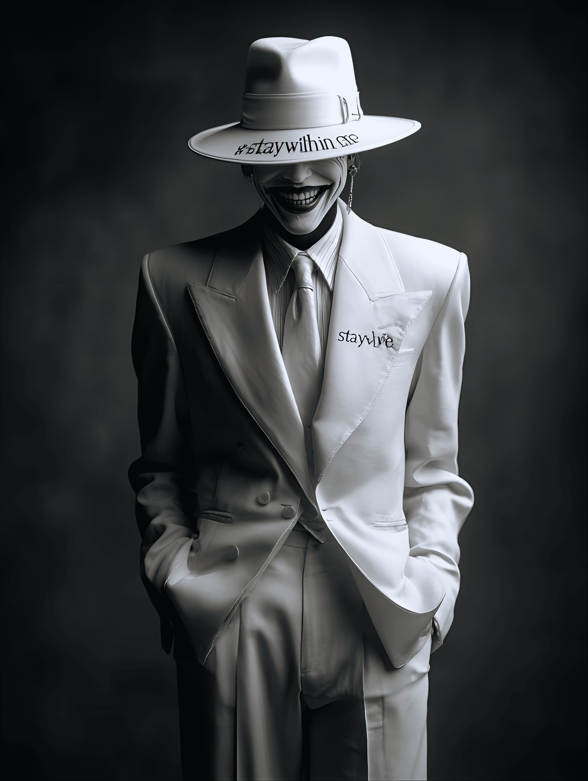 AI generated: Man in a white suit and hat, laughing,  embroidered on the suit and hat,  studio portrait,  pale ski...