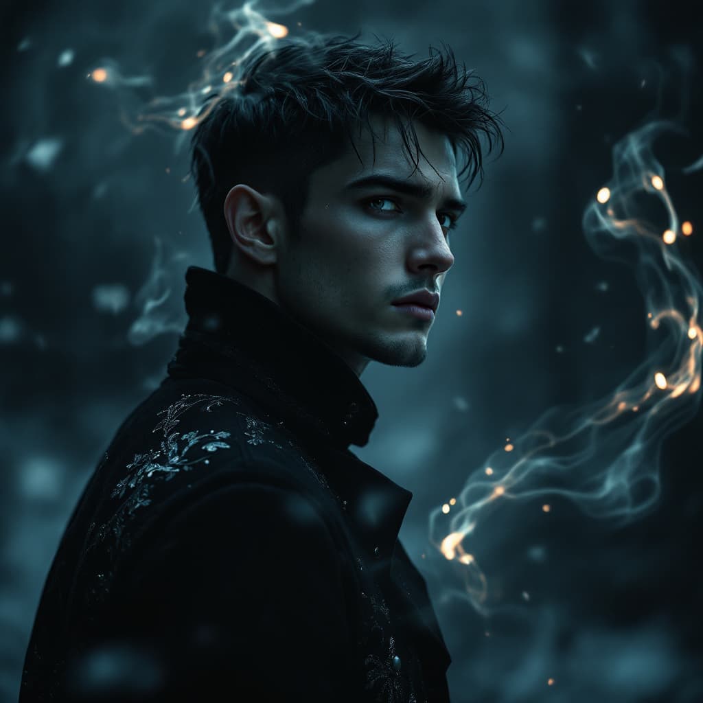 AI generated: A young man with sharp facial features, short dark hair,muscular body  wearing meadival inspired sil...