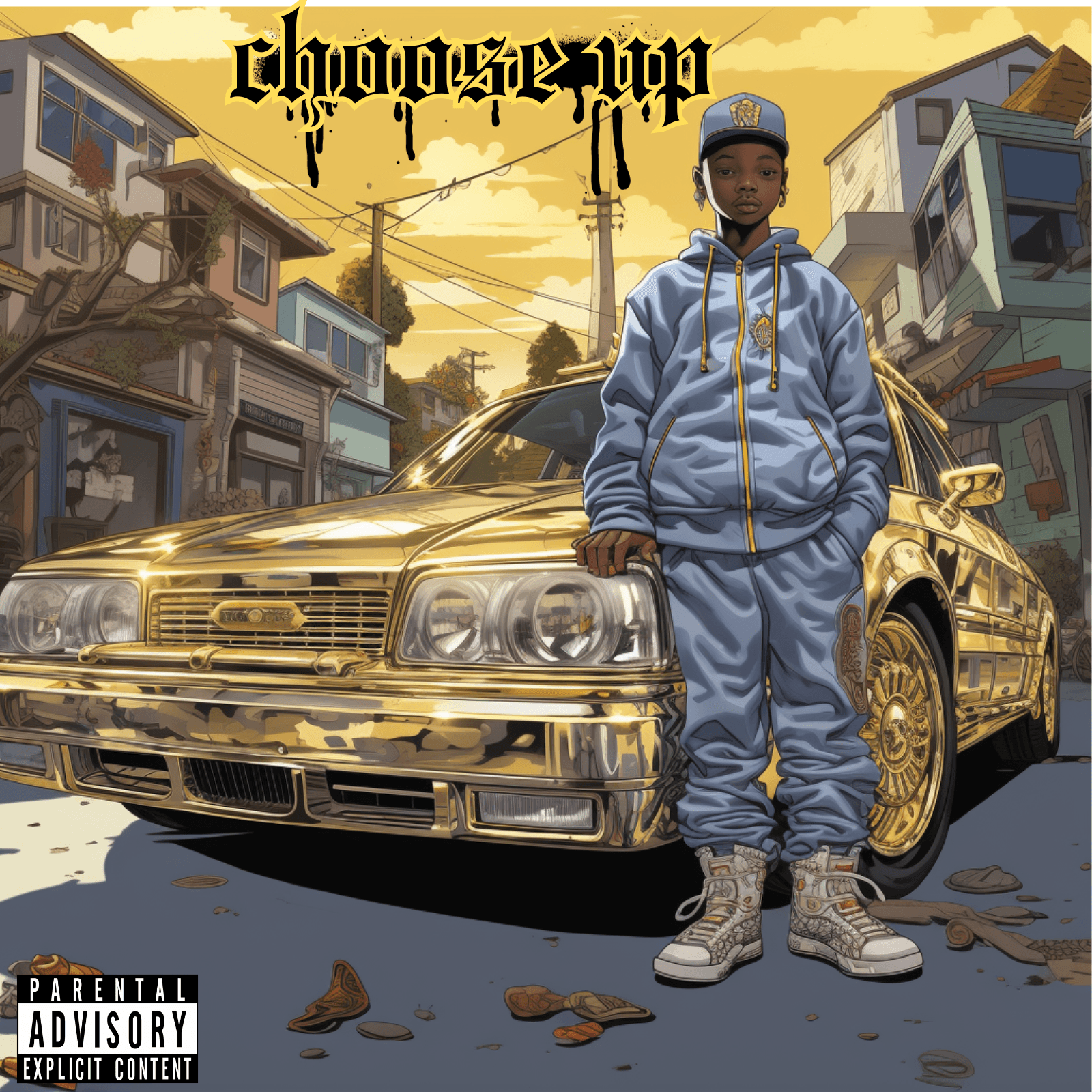 AI generated: the gold car's bumper, in the style of iconic album covers, hip hop influenced, alfred kelsner, norm...