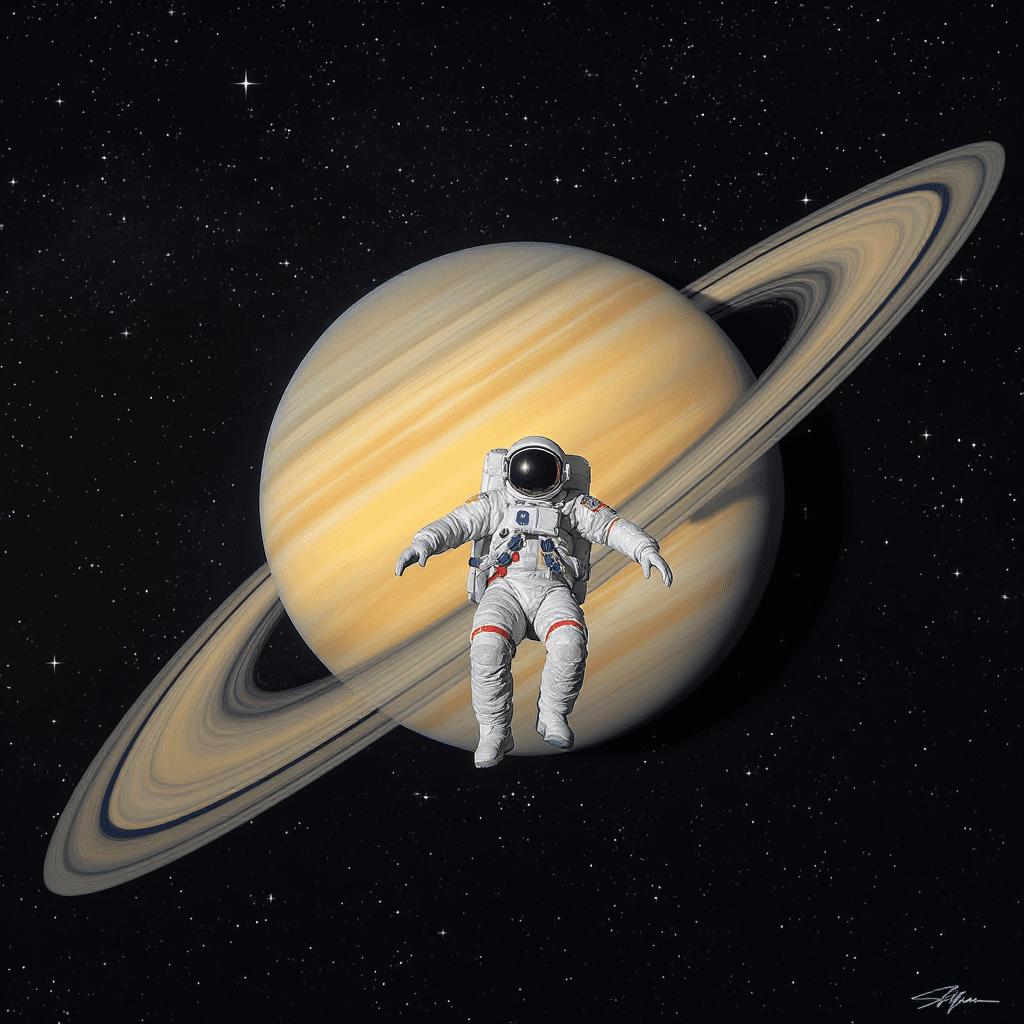 AI generated: 
astronaut floating in space with Saturn behind him