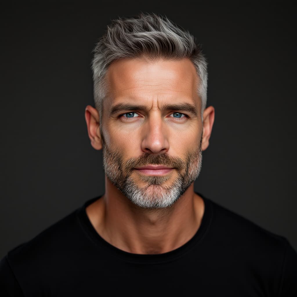 AI generated: Portrait of a 45-year-old white American man, pale skin, neat salt-and-pepper side part, light beard...