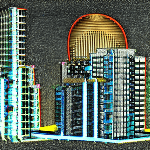 AI generated: cityscape with interconnected nodes representing the fusion of blockchain and AI art., by Agnes Lawr...