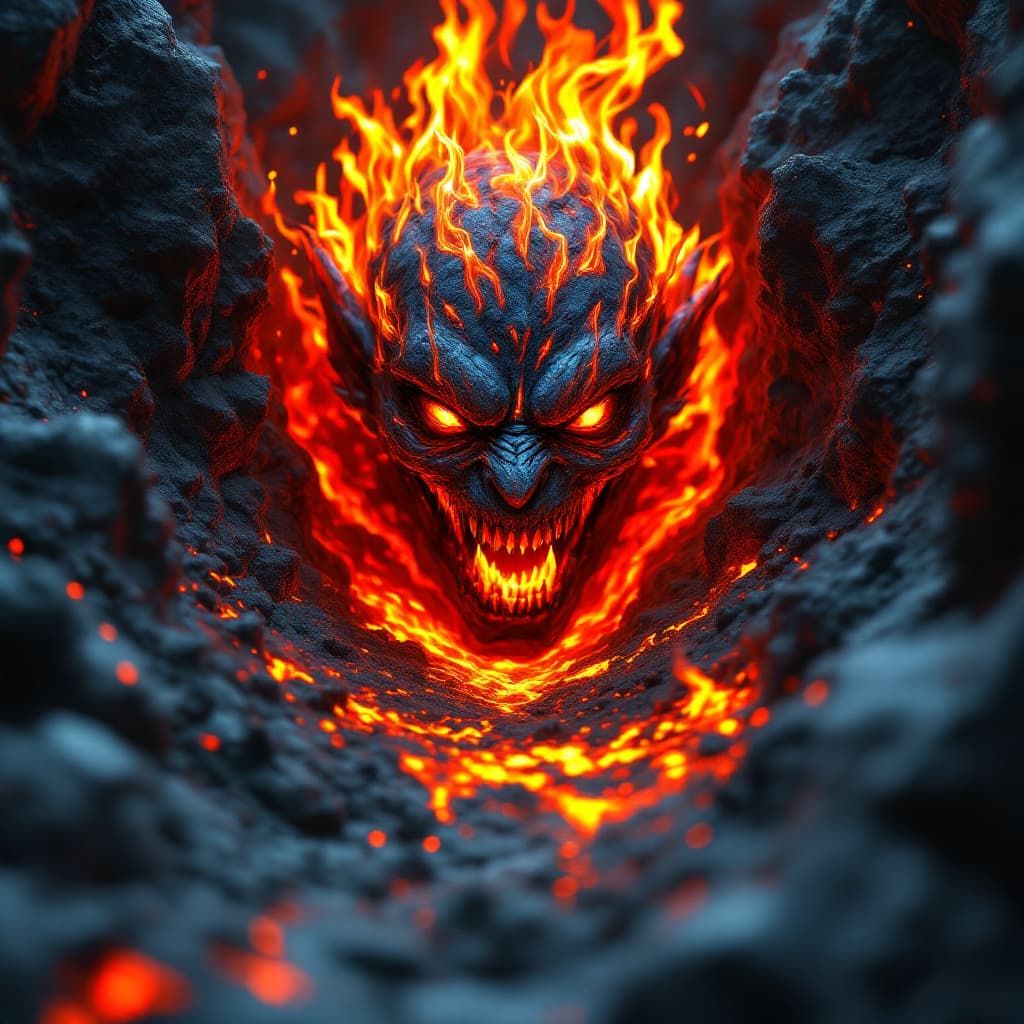 AI generated: A (fairy) made of living lava, fire and ash pulls itself out of a rift of magma. Its eyes show unspe...