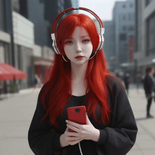 AI generated: A red-haired woman listening to music with headphones, anime-style